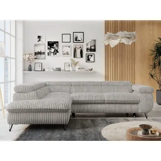 MKS Meble Ecksofa Sofa Grau, Wohnlandschaft L-Form mit Schlaffunktion und Bettkasten, Schlafsofa mit Bettkasten, Sofa mit Einstellbare Kopfstützen, Peter L - Hellgrau Cord - Links Grau - Grau