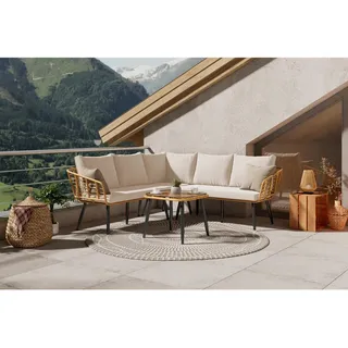 Ambia Garden Loungegarnitur , Naturfarben, Beige , Metall, Kunststoff, Glas, Textil , 4-teilig , Füllung: Polyester,Schaumstoff , Eckteil , 187x67 cm , Gartenmöbel, Loungemöbel, Loungegarnituren