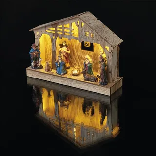 EMOS Weihnachtskrippe mit handbemalten Figuren, Weihnachtsdekoration mit 5 LEDs, warmweißes Licht, batteriebetrieben (3x AA), IP20 Innenbereich, 6/18h Timer-Funktion, 10000 h Lebensdauer