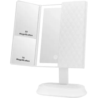Auxmir Schminkspiegel mit Beleuchtung, Faltbar 1X/5X/7X Kosmetikspiegel, 60 Stück LED Tischspiegel mit 3 Lichtfarben und Dimmbare Helligkeit, Duale Unterstützung USB und Batterie, Weiß