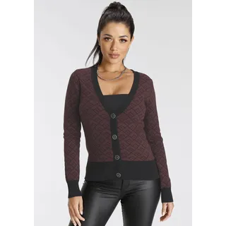 Strickjacke MELROSE, Damen, Gr. 44, bunt (schwarz, bordeaux), Feinstrick, Obermaterial: 50% Viskose, 28% Polyester, 22% Polyamid, Jacquardmuster, figurbetont hüftlang, tiefer V-Ausschnitt, Rippbündchen, Strickjacken Strickjacke, in trendy Jacquardmuster mit Knopfleiste