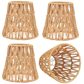 4 Stück Lampenschirm Rattan, Lampenschirm Hängelampe, Boho, Tischleuchte Ersatzschirm, Zubehör Für Hängelampe Deckenlampe Pendelleuchten Stehlampe, H 15.8 Cm, Ø 15 Cm, Khaki