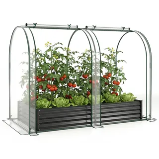 FANTASK 3 in 1 Gewächshaus mit Hochbeet, 180x100x145 cm, Hochbeet Frühbeet mit PVC-Abdeckung & 2 Fenstern, Foliengewächshaus für Kräuter, Blumen & Gemüse, Blumenkasten für Garten (Schwarz)