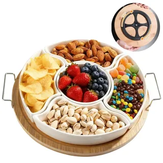 BUERPINKING Snackteller mit 360°-Drehung, Snackschale mit Fächern und Griff, Drehbarer Servierteller mit Keramik Schalen, Perfekt geeignet für Snacks, Charcuterie, Dips, Obst und vieles mehr