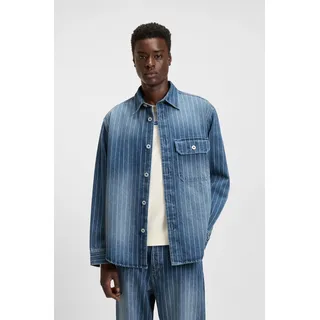 Jeanshemd HUGO BLUE "Ebolt", Herren, Gr. L, N-Gr, blau (medium blau427), Denim/Jeans, Obermaterial: 100% Baumwolle, unifarben, oversize hüftlang, 1-Knopf-Manschette, Hemden Jeanshemd, aus gestreiftem Denim