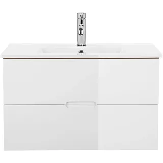 Waschtisch WELLTIME "Lund Badezimmerschrank Unterschrank mit Becken", weiß (eiche, weiß, natur), B:81cm H:50cm T:46cm, MDF, Waschtische, Waschtisch, Waschplatz mit Waschbecken und 2 Auszügen Breite 80 cm