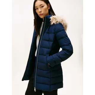 Steppmantel TOMMY HILFIGER "MW DOWN SLIM COAT WITH FUR", Damen, Gr. S (36), blau (schwarz night navy), Steppware, Obermaterial: 100% Polyester, unifarben, slim fit, Mäntel Steppmantel, mit Fellimitat