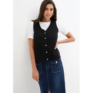 Strickweste BONPRIX "Feinstrick-Weste mit Knöpfen", Damen, Gr. 44/46 (L), schwarz, Strick, Obermaterial: 60% Baumwolle, 30% Polyester, 10% Polyamid, unifarben, slim fit normal, V-Ausschnitt, Westen Strickweste, aus Baumwollmischung, Slim fit Passform, mit Knopfleiste, unifarben