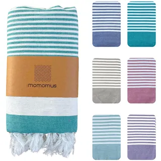 MOMOMUS Fouta XXL oder Dünne Picknickdecke Groß für Strand - Mit Fransen, Gestreift, ohne Sand - Stranddecke XXL, Strandmatte Sandfrei und Picnic Blanket - Meergrün, 210x240 cm