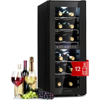Klarstein Weinkühlschrank Freistehend, Kleiner Getränkekühlschrank Schmal, 2 Zonen Weinkühlschrank mit Glastür, Indoor/Outdoor Beersafe, Kühlschrank Klein mit UV-Schutz, 5-18°C, 12 Flaschen - Schwarz