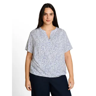 Kurzarmbluse TOM TAILOR PLUS, Damen, Gr. 46, blau (weiß small leaves design), Web, Obermaterial: 100% Viskose, normal hüftbedeckend, V-Ausschnitt, Blusen Kurzarmbluse, mit Allover-Print - Große Größen