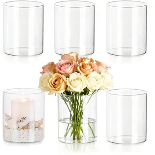 Glasvase, 6 Stück Glaszylinder für Kerzen, 8 x 6,5 cm Klar Glasvase Zylinder, Ase Glas für Tischdeko, Windlicht Glas, Glaszylinder Vase für Blumen, Wohnzimmer Wedding Decoration