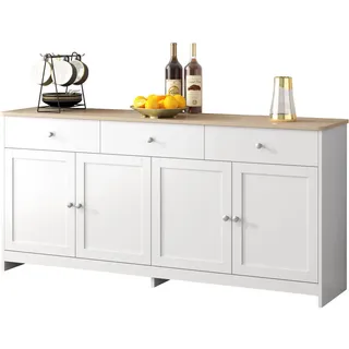 Flieks Sideboard Weiß Holz 4 Türen 3 Schubladen modern Stauraum , Holzwerkstoff , 37x75x160 cm , Kleinmöbel, Kommoden, Sideboards