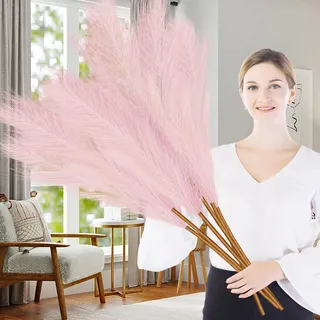 Lighterday 7 Stück Pampasgras Künstlich, 38"/97cm Groß, Flauschiges Trockenblumen für Bodenvase, XXL für Wohnzimmer Schlafzimmer Tisch Boho Deko (Rosa)