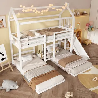 STILVORA Etagenbett 90x200cm mit Matratze, Kinderbett mit drei Schlafplätzen, weiß mit Rutsche Stauraum im oberen Bett, Einzigartiges Dachdesign - Weiß