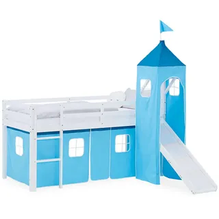 Homestyle4u Hochbett 90/200 cm in weiß Rutsche Turm Bettvorhang Blau , Blau, Weiß , Textil , Kiefer , 90x200 cm , Babymöbel & Kindermöbel, Kinderzimmer & Jugendzimmer, Kinderbetten, Hochbetten