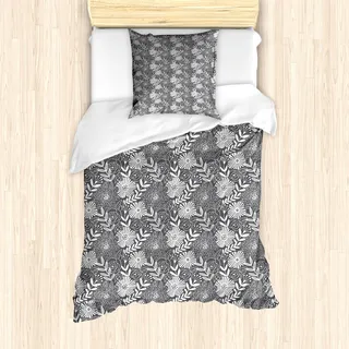 ABAKUHAUS Blume Bettbezug Set für Einzelbetten, Outline Botanical Muster, Milbensicher Allergiker geeignet mit Kissenbezug, 135 cm x 200 cm - 80 x 80 cm, Dark Purple Grau Weiß