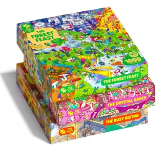 magic puzzle company Magic Puzzles 3er-Pack • Serie Zwei • The Busy Bistro, The Crystal Caves, & The Forest Feast • 1000 Teile Puzzle von The Magic Puzzle