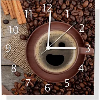 Wallario Design Wanduhr Lustige Kaffeetasse mit einem Lächeln - Kaffeebohnen und Zimt aus Aluverbund, Größe 30 x 30 cm - Schwarz
