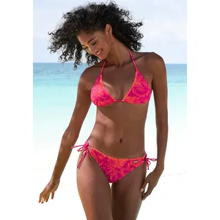 Triangel-Bikini VENICE BEACH "Kensi", Damen, Gr. 32, Cup A/B, bunt (orange, pink bedruckt), Xtra Life LYCRA, bedruckt, kontrastfarbene Details, Bikini-Sets Triangel-Bikini, mit kontrastfarbener Häkelkante