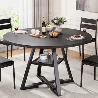 Jocoevol Esstisch Runder für 4 Personen, Esszimmertisch mit Ablage, platzsparender Küchentisch aus Holz im Industrial Design (Schwarz, 120x120x76cm)
