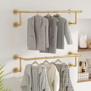 WTPLWD Industrielle Rohr-Kleiderständer, 91 cm, Wandgarderobe, goldene Wandgarderobe zum Aufhängen von Kleidung, platzsparende Kleiderstange für Waschküche, Schlafzimmer, 2 Stück