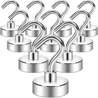 Neosmuk Magnethaken, robuste Erdmagnete mit Haken für Kühlschrank, extra starker Kreuzfahrthaken zum Aufhängen, Magnetischer Aufhänger für Kabinen, Grill (Silberweiß, 10 Stück)