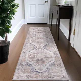 TOPICK Läufer Flur Waschbar Hellrot Küche Läufer Vintage Blume Orientalischer Dünner Faltbar Teppich für Brücken Schlafzimmer Wohnzimmer Tisch rutschfest Teppichläufer Flurteppich 60x210cm