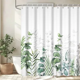 Uiiooazy Duschvorhang 180x220cm, Duschvorhang Anti Schimmel Grüne Blätter Eukalyptus Grau Pflanzenmotiv Duschvorhänge Wasserdicht Polyester Stoff Waschbar Bad Vorhang mit 12 Haken für Badezimmer