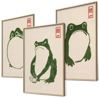 Hoji Frösche Poster Set Ukiyo-e Japanische Kunst Japan Wanddeko Bilder Schlafzimmer Deko Wohnzimmer Dekoration Eklektische Gemälde (3x A4 | Ohne Rahmen)