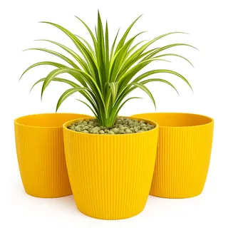 Home Garden Ornaments Blumentopf Set 3er – Kunststoff Übertopf, geriffeltes Design, modern & dekorativ, für Zimmerpflanzen (15,5 cm, Senfgelb)