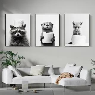 3 Bilder Badezimmer Tiere Lustige Poster Toilette Schwarz Weiß Waschbär Otter Fuchs Witzige Klo Deko Wand Gästebad Gäste WC Modern Leinwand 30x40 ohne Rahmen
