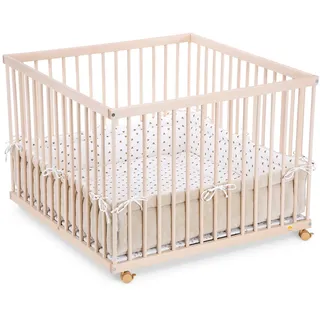 FabiMax Baby Laufgitter 100x100 Natur, stufenlos höhenverstellbar, mit Schlupfsprossen, Laufstall aus massivem Buchenholz (Teddy/Herzen)