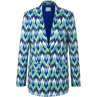 Jackenblazer MADELEINE "Blazer Bedruckter Blazer mit Schalkragen", Damen, Gr. 40, blau (royalblau, multicolor), Obermaterial: 95% Polyester PES. 5% Elasthan EL., Modern, normal, Blazer Jackenblazer