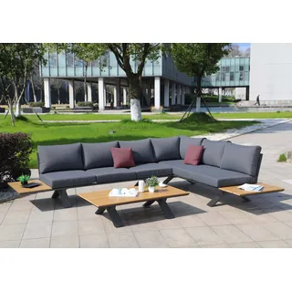 Aluminium Garten-Garnitur HWC-M62, Sitzgruppe Garten-/Lounge-Set Sofa, Holzoptik Gestell anthrazit, Polster dunkelgrau - Grau