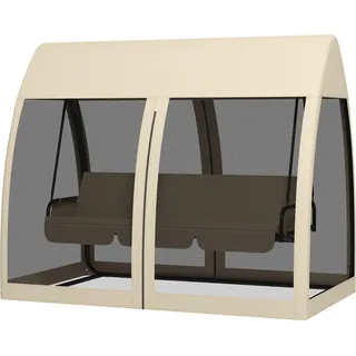 Outsuuny 2 in 1 Hollywoodschaukel mit Liegefunktion 3-Sitzer Gartenschaukel mit Baldachin, Mückennetz, Schaukelbank belast bis 300kg, Gartenliege für Garten, Terrasse, 240 x 140 x 197 cm, Kaffee