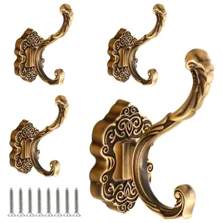 Garderobenhaken, 4 Stück Vintage Kleiderhaken Wand, Antikes Messing Bronze Design, Wandhaken Huthaken mit 8 Schrauben zum Aufhängen von Handtüchern, Schlüsseln, Hüten und Kleidung