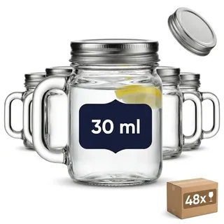 gouveo 48er Set Mini Trinkgläser 30 ml (0,03 l) mit Henkel und Schraubdeckel silberfarben – Shotglas Likörglas Probierglas für Verkostung Buffet Hausbar Catering (TGH030S)
