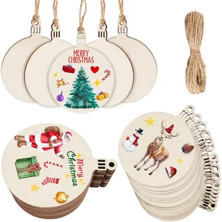 HOLDLEAF 35 Stück Weihnachtskugeln Holz Ø7cm mit Loch, inkl. Juteschnur – Blanko Holzanhänger zum Bemalen & Basteln, Weihnachtsanhänger, Christbaumschmuck, Geschenkanhänger