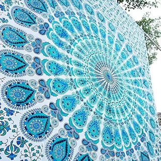 Bless International Indischer Hippie Bohemian Psychedelic Peacock Mandala Wandbehang Bettwäsche Tapisserie (Peacock Sky Blue, King (223x264Inches)(225x265Cms))