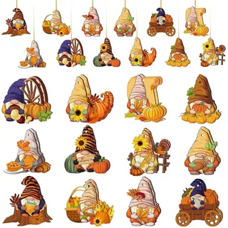 Leonshco 24 Stück Herbstdeko Hängende Holzanhänger Herbst Dekoration Wichtel Figuren Ahornblatt-Kürbis Deko Bemalte Holz Deko Hänger mit Seil Erntedankfest Weihnachtsdeko Geschenk