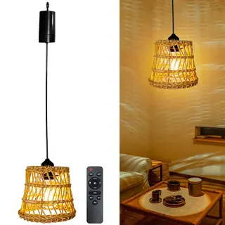 Pendelleuchte Rattan, Hängeleuchte Rattan Hängelampe Boho Hängelampe E27 Lampe Lampenschirm Boho Lampe Hängeleuchte Mit Fernbedienung Für Schlafzimmer Wohnzimmer Außen Innen Ohne Stromanschluss