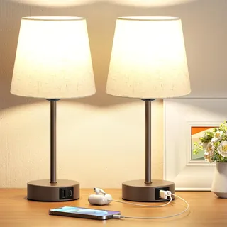 PreeOtti Nachttischlampe Touch Dimmbar 2er Set, Tischlampe mit Ladefunktion USB A+C-Anschlüssen 2 LED Birnen, Leinen-Lampenschirm, Kleine Lampe für Schlafzimmer Wohnzimmer Babyzimmer Büro