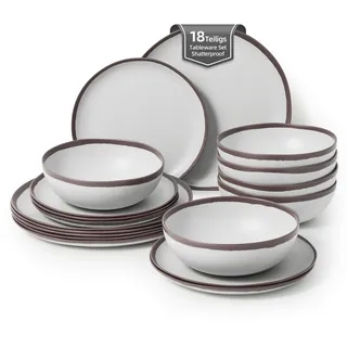 La Joventino Melamin Geschirr Set 6 Personen,Camping Teller Set, Spülmaschinenfest Essgeschirr Set, Ideal für Outdoor,Wohnwagen & Gartenparty (Lila Rand)