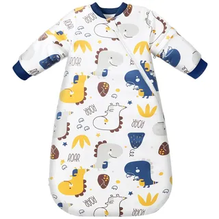 MIKAFEN Baby Schlafsack Winter 3,5 Tog mit abnehmbaren Ärmeln, Schlafsack aus 100% Baumwolle mit Armen, Kleine Dinosaurier 78-90cm/14-24 Monate