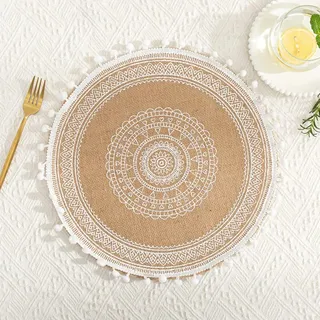 Rund Gewebte Platzset mit Mandala Quaste - Boho Jute Tischsets, Böhmen Farmhouse Retro Restaurant Tischdekoration für Hochzeit Festival Party Küche Speisetisch, 2er Set E