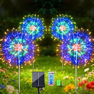 Sunlisky Feuerwerk Solarlampen für Außen, 4er Set 120 LED Solarleuchten Bunt, IP65 Wetterfeste Solar-Gartenstecker mit Fernbedienung, LED Gartenbeleuchtung & Deko für Balkon, Terrasse & Garten