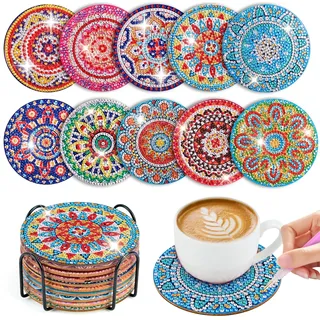 WuGU 10 STK Diamond Painting Untersetzer Mit Halter, Diamant Tassenuntersetzer, Diamond Painting Erwachsene zum Basteln, DIY 5D Mandala Untersetzer rutschfest für Anfänger, Erwachsene & Kinder