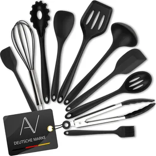 AVANA Silikon Küchenhelfer Set, 10 Stück Küchenutensilien Kochgeschirr Hitzebeständig Kochbesteck Backen Kochen Antihaft Kochzange, Schneebesen, Spachtel, Backpinsel, Pfannenwender - Schwarz