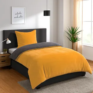 Heimtexland Teddy Flanell Wende Bettwäsche Set I Winter Bettbezug I kuschelig weich und warm I Kopfkissen 80x80 I Bettdecke 155x220 I Cashmere Touch Geschenkidee Weihnachten Typ751 Curry - Dunkelgelb